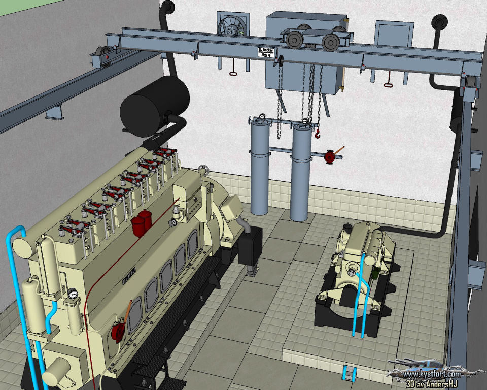 Generator rom, med stor Deutz generator for å drive kanonen og mindre generator for øvrig behov. Mindre røropplegg er foreløpig kuttet for å redusere størrelse