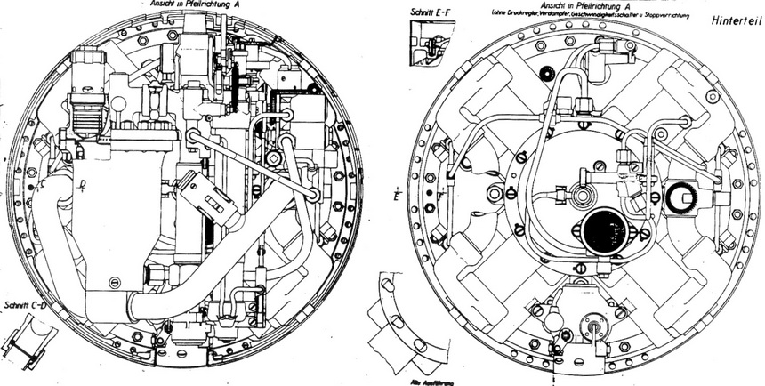 Tysk bok med tegninger/plansjer av G7a torpedoen (eksempel - plansje som viser arrangement med varmeapparat og front av drivmaskin).