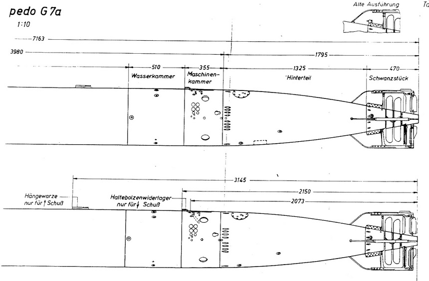Tysk bok med tegninger/plansjer av G7a torpedoen (skisse av torpedoen m/mål - aktre halvdel)