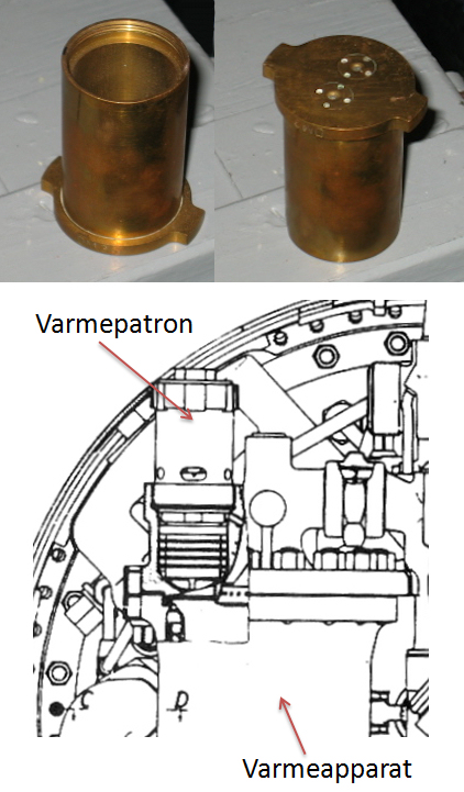 Varmepatron i messing med kruttladning som antenner parafinen i varmekammeret (og dermed starter forbrenningen som produserer damp til den 4-sylindrede maskinen).