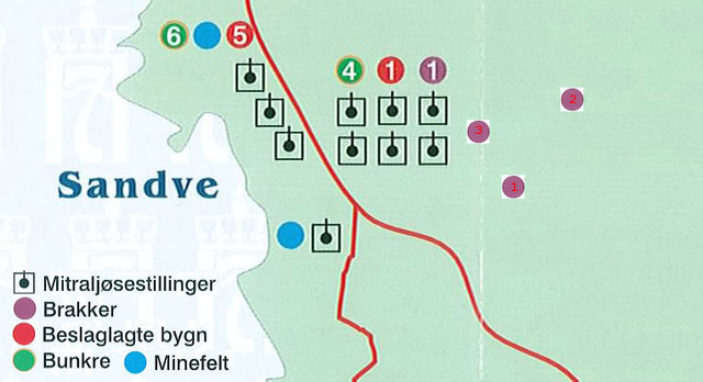 Redigert utsnitt av Karmøy kommune sitt kart. Brakker med røde tall er lagt till.
