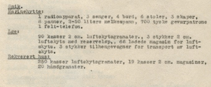 Opptelling i 1945 utført av MILORG D.20.1 over materiell og ammunisjon på Snik.