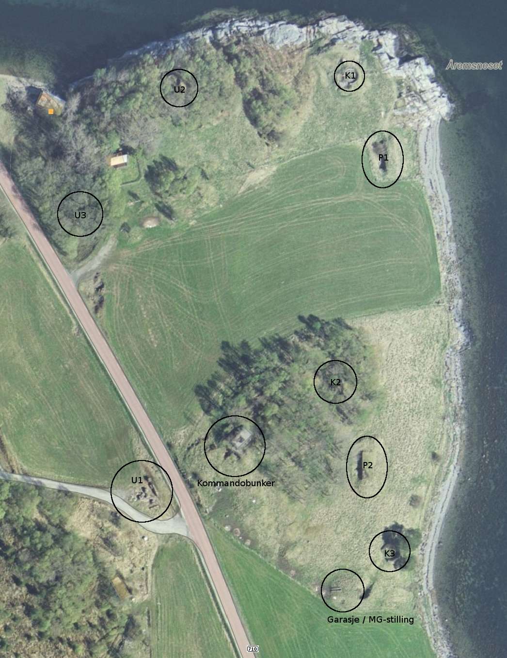 Luftfoto med de stillingene jeg rakk å få med meg, markert.