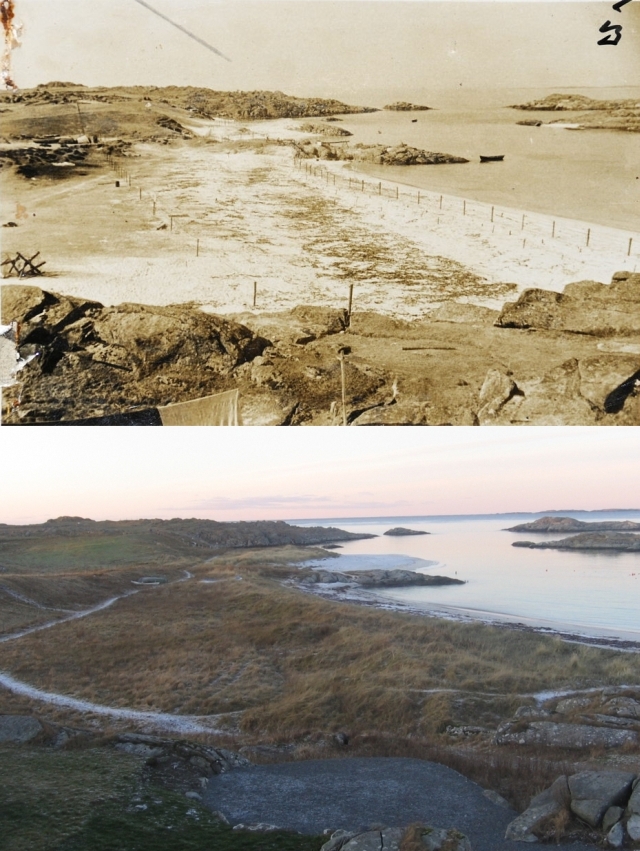 Original og nyfoto tatt fra Nord 6573653 Øst 283097. Retning vest.<br />Det er store forandringer i terrenget, og holmer og skjær måtte brukes som referanse.