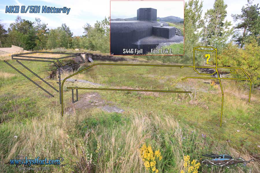 Har ryddet litt plass på toppen for å vise mulig plassering av bunkeren. Litt vanskelig å måle men rundt 21 meter langt og 16 meter bredt. Fronten av bunkeren er forskjellig fra Fjell batteri da det ser ut som den største delen helt foran (bilde 8) er mye