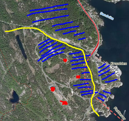 Rød - kanoner. Blått - utbyggingssoner. Gult - området som vi håper på å få fredet.