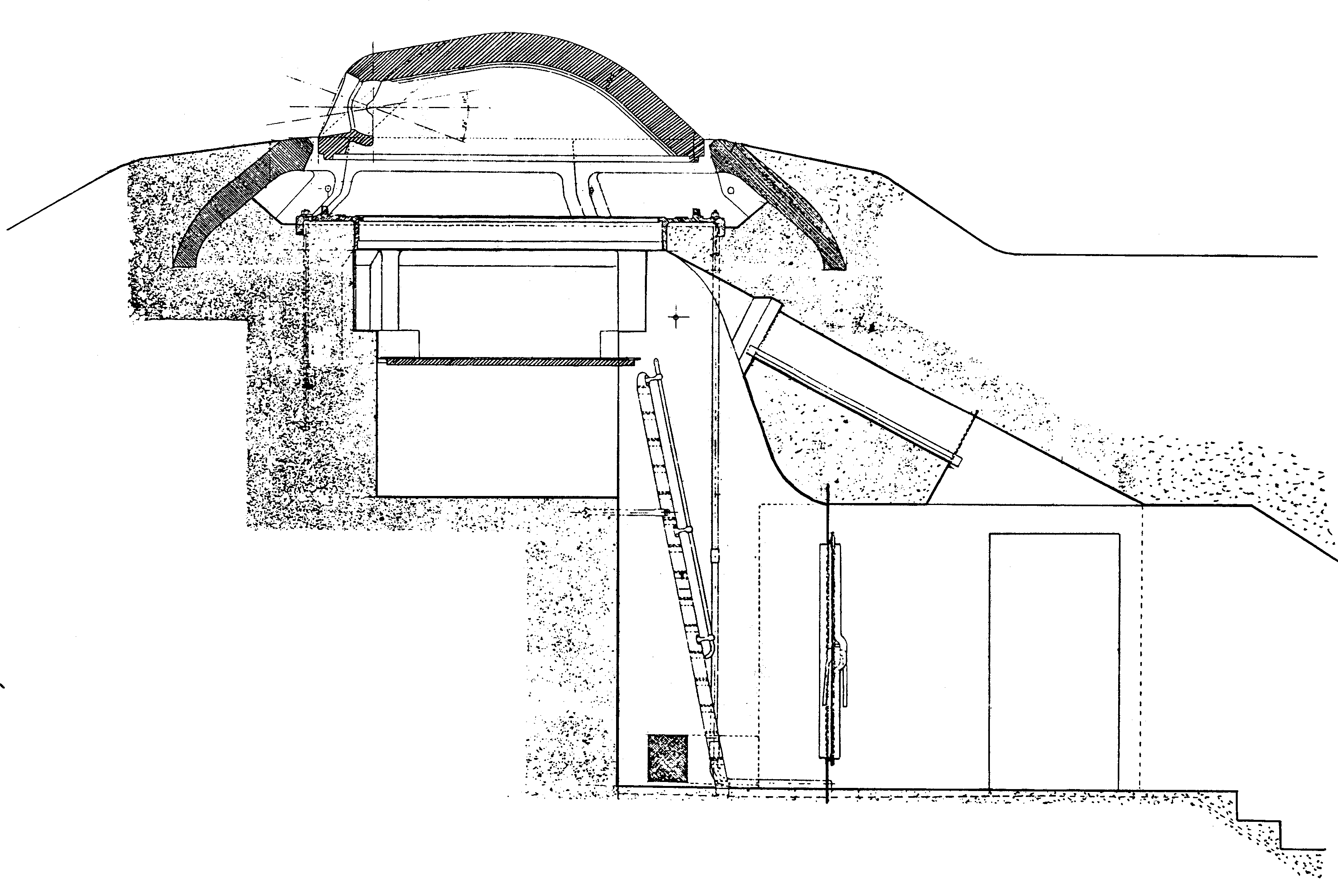 Tegning av panserkuppel, forpanser og tårngruve - slik kanonene var montert på Høytorp og Trøgstad fort.
