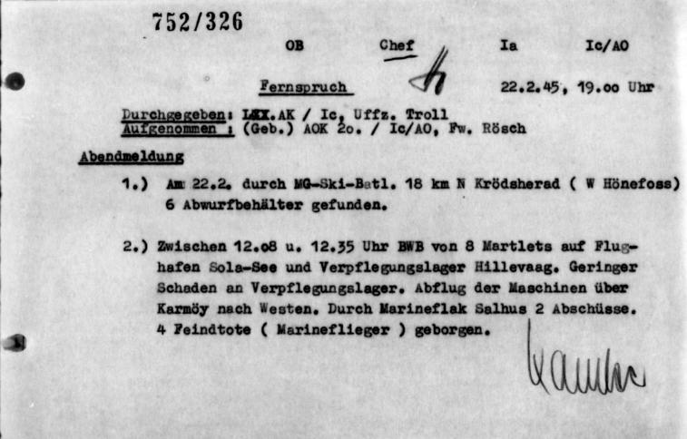 AOK sin kveldsmelding som sier at to Martlet`s er skutt ned ved Salhus