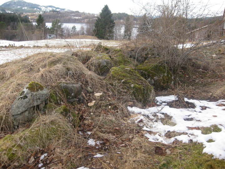 Restene etter kanonstilling for 21cm Mörser Skoda Kanon. Rasert og delvis overgrodd.