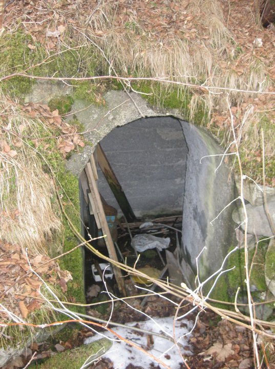 Mindre dekningsbunker v. veien ned til gårdshuset som ble rekvirert av tyskerne og hvor batterisjefen var innkvartert. Samme bunker sett forfra. Her ser vi inngangspartiet. Bunkeren er fylt opp m. rusk etc.