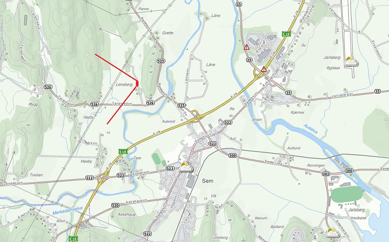 Stillingen plassert i kartet, vest for E18 utenfor Tønsberg.