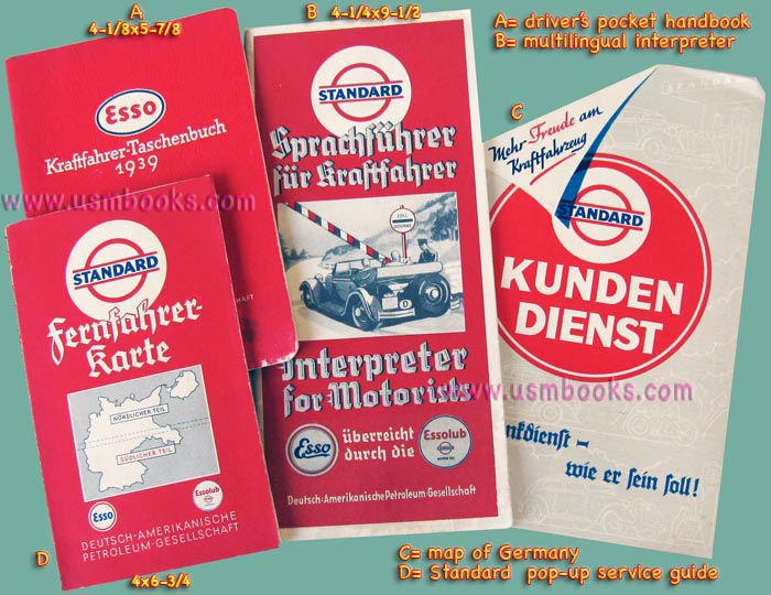 THE WHOLE TRAVEL KIT -<br />AN ESSO MAP OF NAZI GERMANY, CAR DRIVER HANDBOOK, EUROPEAN LANGUAGE INTERPRETER, AND CUSTOMER SERVICE GUIDE FROM 1939