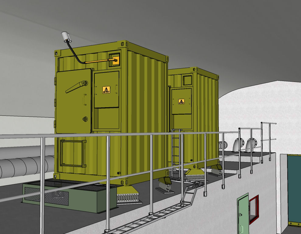 Radar og sambands elektronikk kontainer. Heldigvis like utvendig. Radar nærmest
