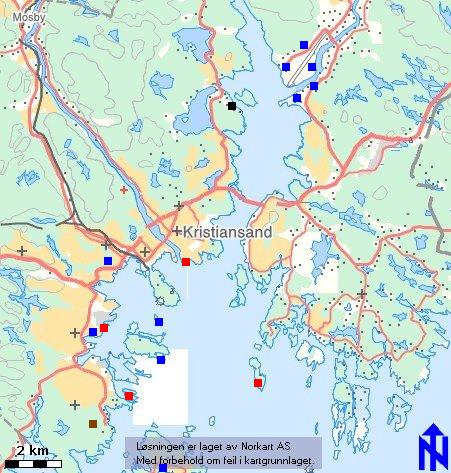 LW 2cm batterier markert med blått (+flere i omr rundt byen/Gimlemoen)<br />KM 8,8cm batterier med rødt<br />8,8 cm Møvik med brunt<br />Justnes med sort firkant