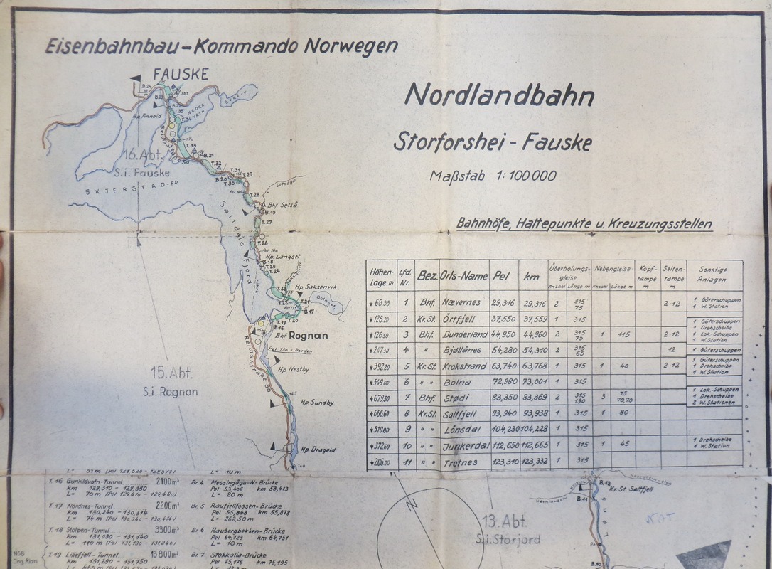 Utsnitt av kart med stasjoner mm. for banen mellom Mo i Rana og Fauske
