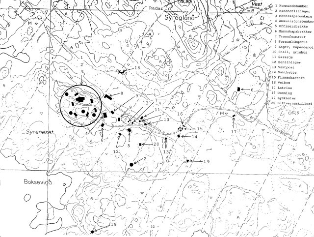 Syreneset på kart fra boken &amp;quot;Syreneset Fort&amp;quot; av Thomas Skådel og Else Jorunn Stava Knutsen.<br />Utgitt: Syre, april 1993