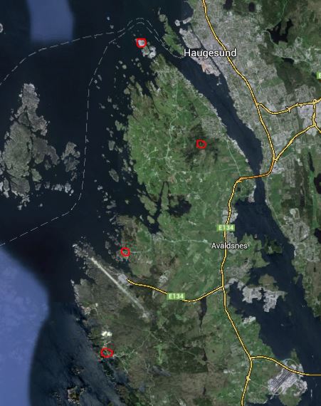 De røde ringene er - fra nord til sør: Storøy, stillingene i Bjørgene, Visnes, Kvalavåg (Vikene)