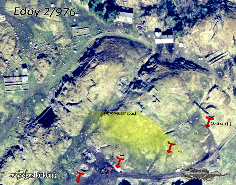 Oversikt over kommandobunker og kanonstillinger. Området er større, men dette er det beste oversikts-bildet.