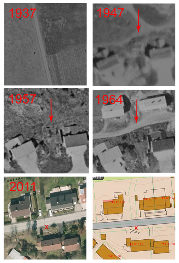 Plassering av bunker vises i 1947, 1957 og 1964.