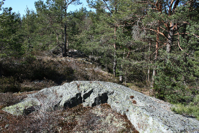 Skytterstillinger sprengt ned i fjellet, nesten helt usynlig i terrenget idag.