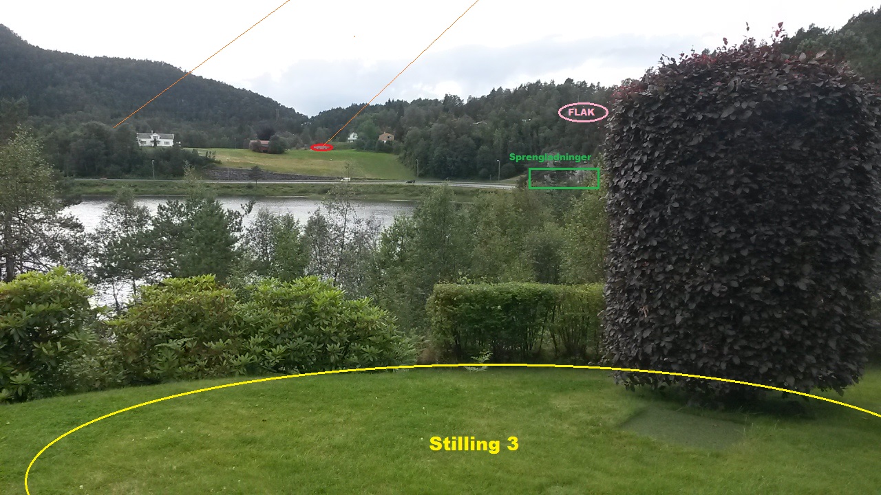 Dette kan vere posisjon for Infanteri / feltkanon - liten mortar etc.. Det var ifølge huseier en Voll av sprengstein og jord i front mot Hetleflåten