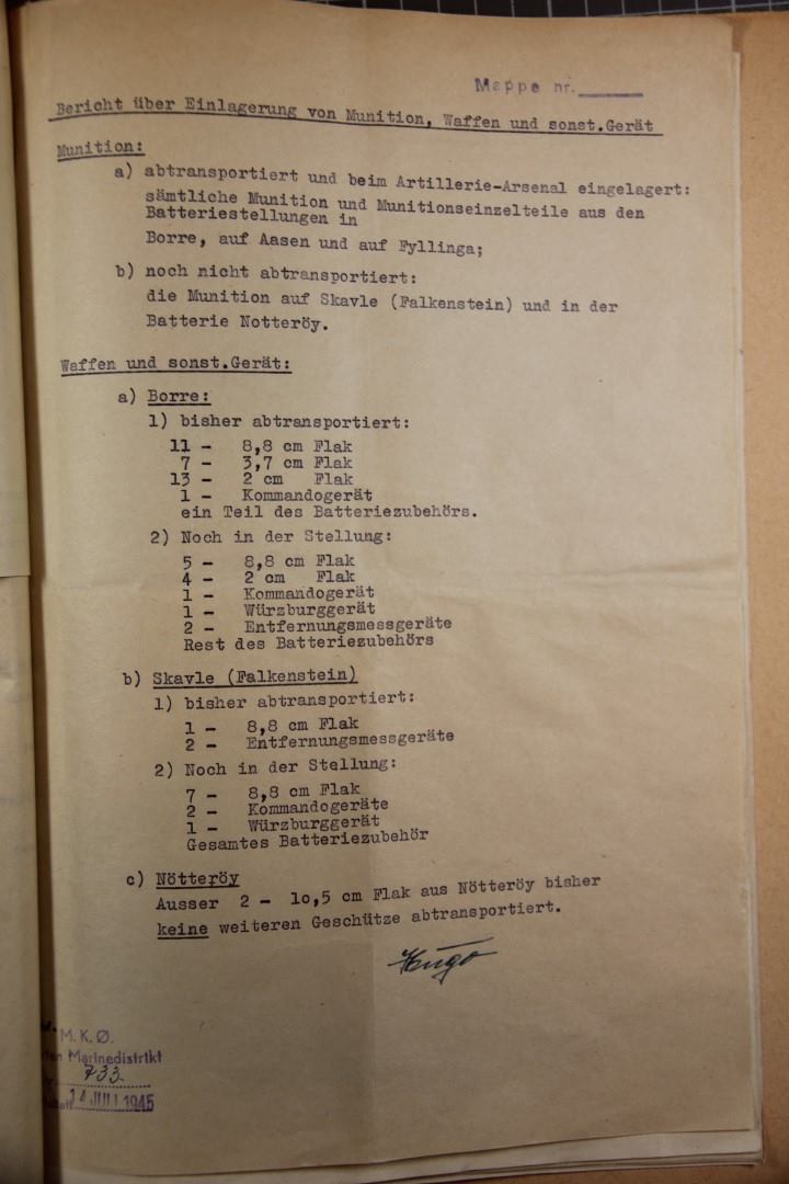 Status i 1945 for Skavli og Borre-batteriene (MKØ-arkivet)