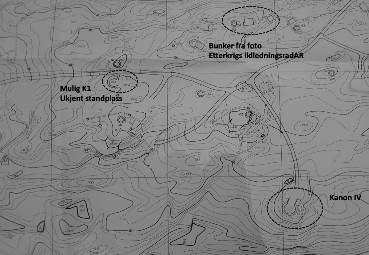 Kartet viser sikker standplass kanon 4 og den omtalte bunkeren