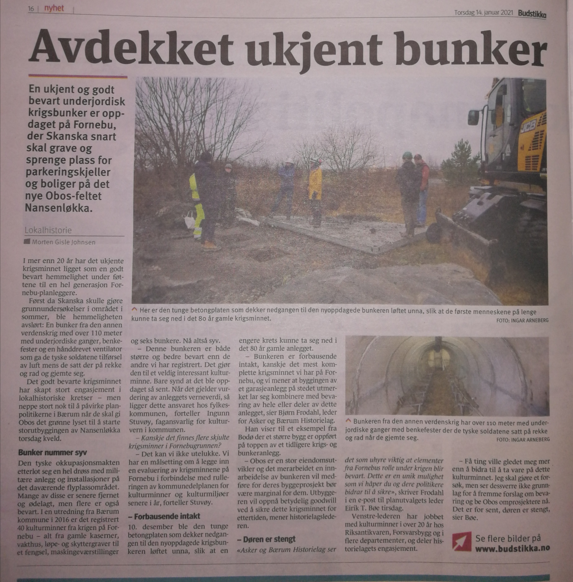 Ny stor bunker oppdaget på Fornebu. (Budstikka 14.01.21.