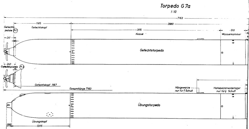 Tysk bok med tegninger/plansjer av G7a torpedoen (skisse av torpedoen m/mål - femre halvdel)