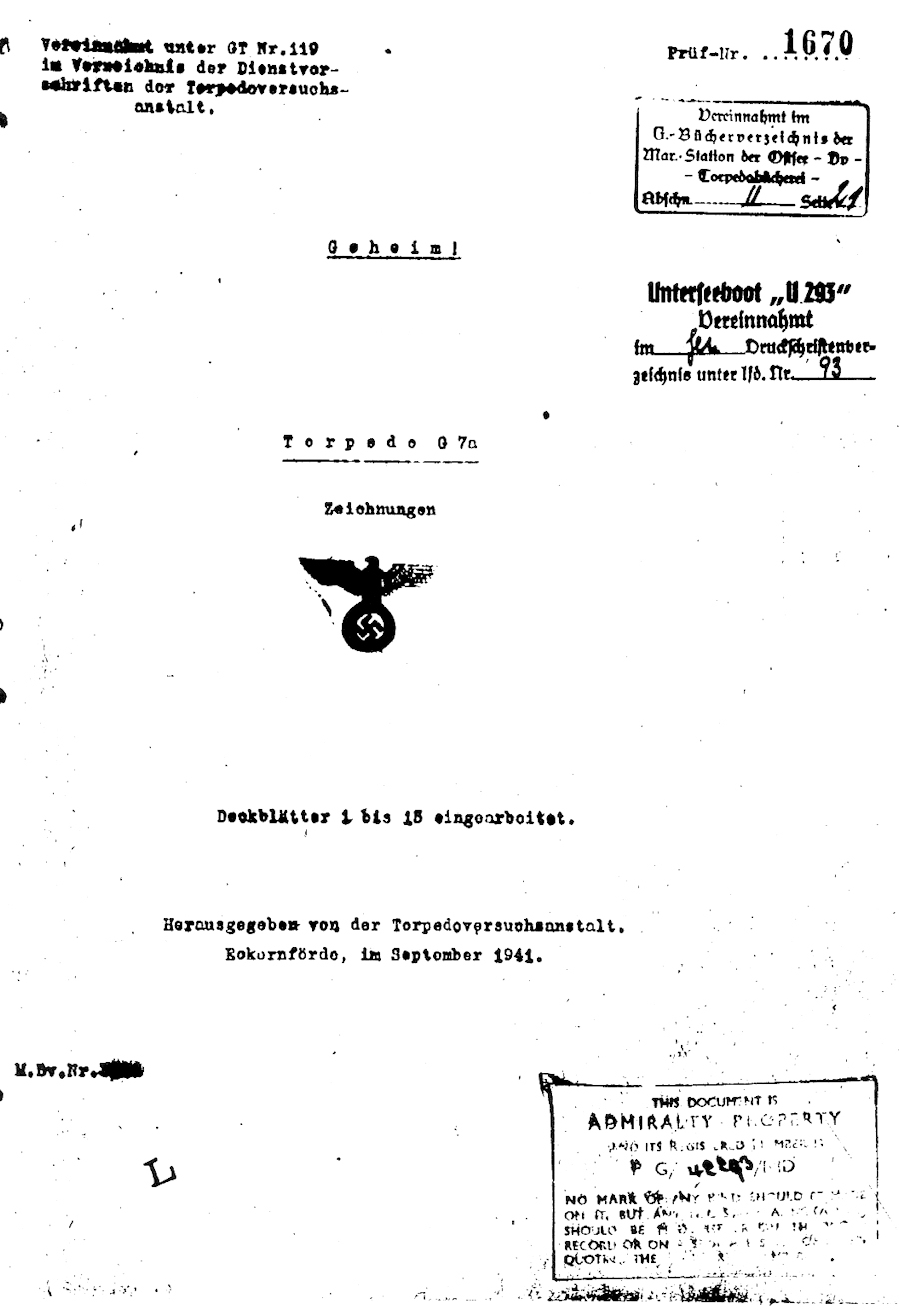 Tysk bok med tegninger/plansjer av G7a torpedoen (forside)