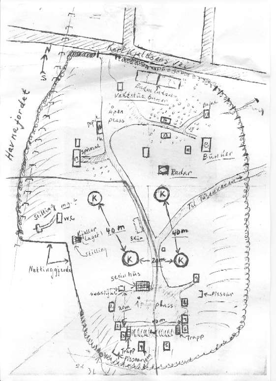 Kart tegnet i 1946-47 av det tyske anlegget på Korsvolltoppen.