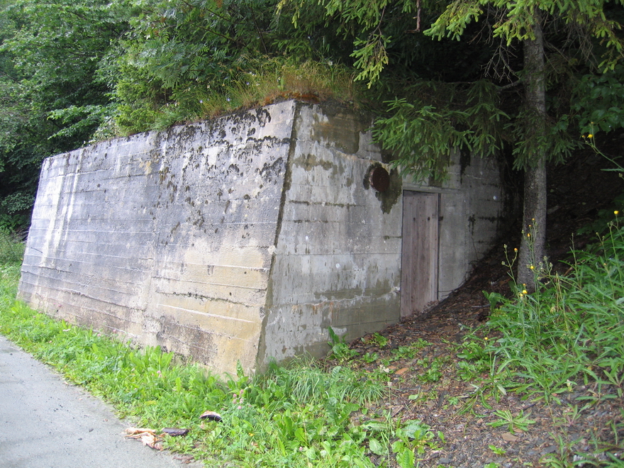 Bunker i området ved Fættenfjord Camping. Ca. UTM32-posisjon: 7050061 N / 596519 E.