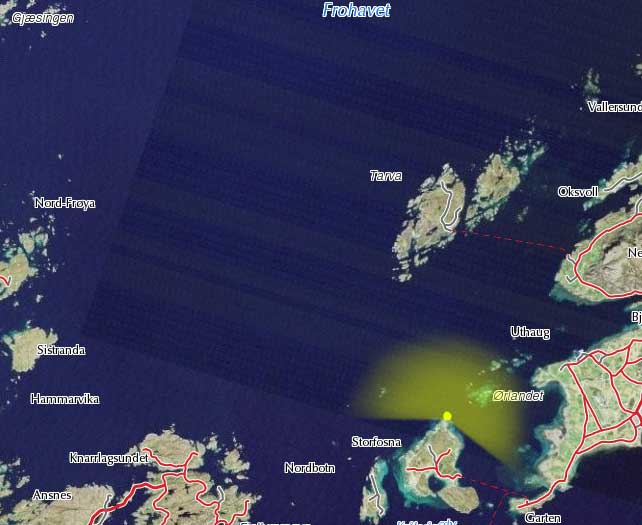 Litt uskikker hvor mye av området lyskasteren kunne belyse til Tarva som ligger 10 km unna.