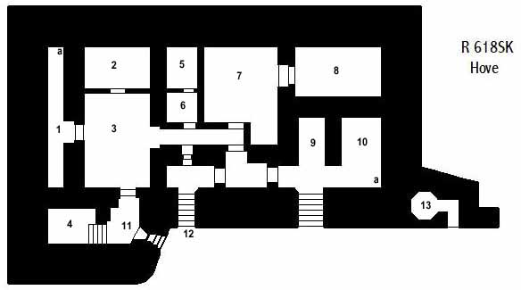 R618SK<br />1 – Antenne rom.<br />2 – Radio rom.<br />3 – Sambandsrom rom????<br />4 – Fyr rom.<br />5 – Telefonkabel innføring til bunkeren.<br />6 – Telefonveksler rom????<br />7 – Telex rom, soverom. 8 personer.<br />8 – Sjefens soverom og kontor.<br />9 – Lager.<br />10 – Kraftverk.<br />11 – Skytestillin