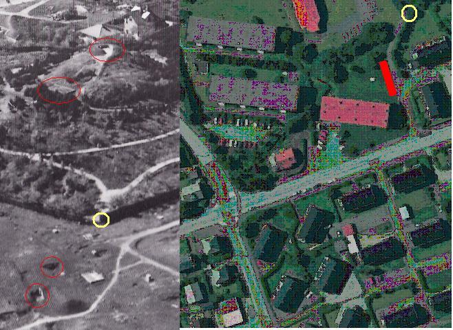 T.v. et bilde fra 1950 der to mulige innganger til den underjordiske bunkeren er ringet inn. Den samme profilen finnes synlig i plenen bak boligblokka som står her i dag. Øverst ring rundt luftvernskytset på toppen, og en brakkeruin. Jeg har satt en gul r