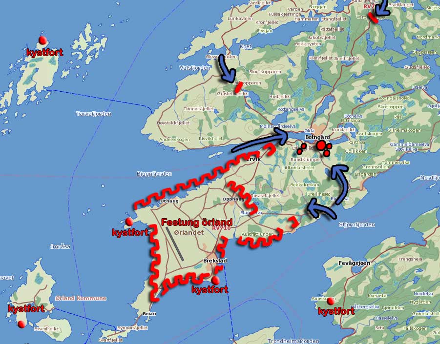 Kartet viser Botengård som viktig knutepunkt for videre angrep mot Ørland.